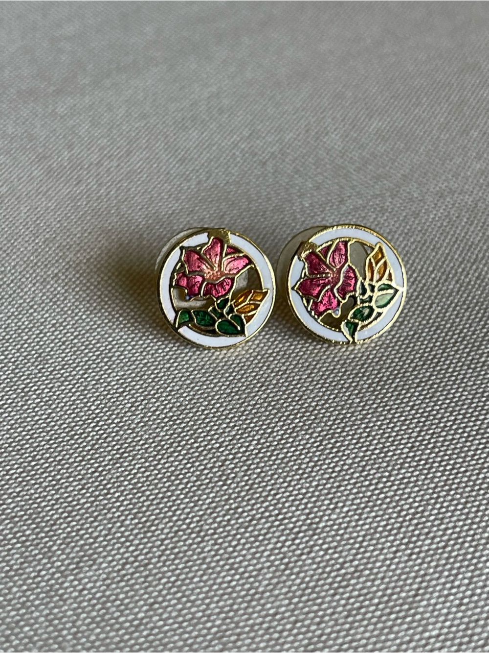Gold-Tone Pink Floral Enamel Stud Earrings cloisonne fish and crown